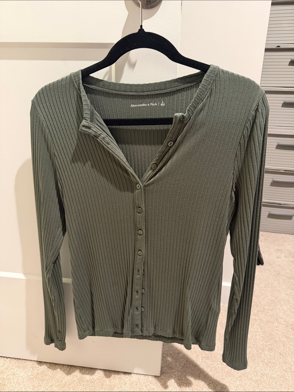 Abercrombie & Fitch Olive Ribbed Long-Sleeve Button Top